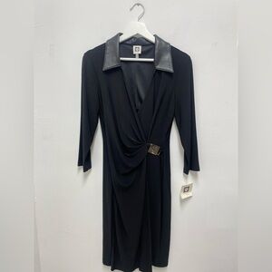 Anne Klein Black Long Sleeve Dress with Leather Collar